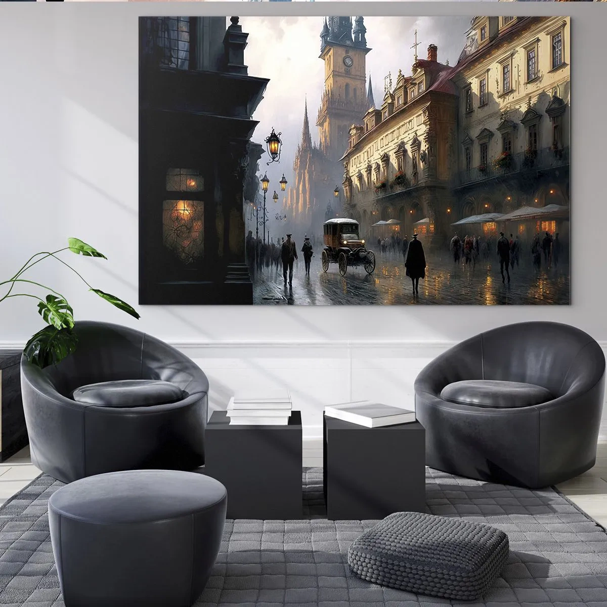 Cuadro sobre vidrio - Impresiones sobre Vidrio - Una calle histórica iluminada por faroles al anochecer - 70x50cm - La magia de una noche de Praga - Decoración de pared moderna para salón y dormitorio ARTTOR