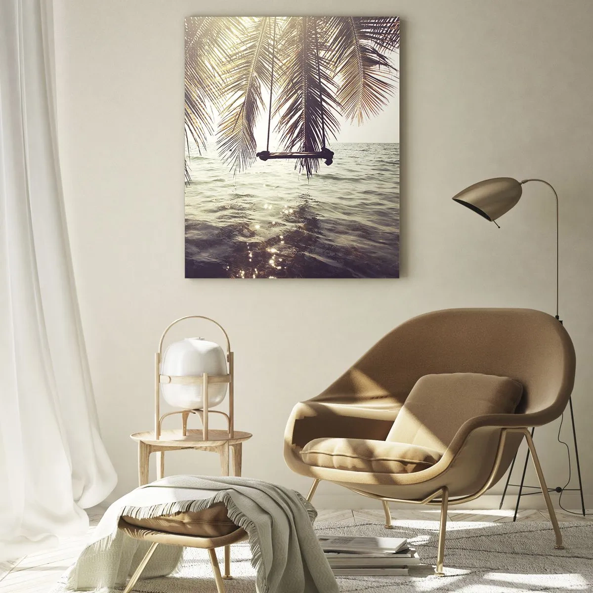 Cuadro sobre vidrio - Impresiones sobre Vidrio - Palmera con columpio sobre el agua bajo la luz del sol. - 70x100cm - Columpiar la imaginación - Decoración de pared moderna para salón y dormitorio ARTTOR