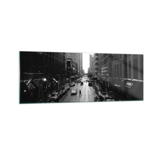 Cuadro sobre vidrio - Impresiones sobre Vidrio - Una calle en blanco y negro en el centro de la ciudad con coches y peatones. - 140x50cm - Un día como otro cualquiera - Decoración de pared moderna para salón y dormitorio ARTTOR