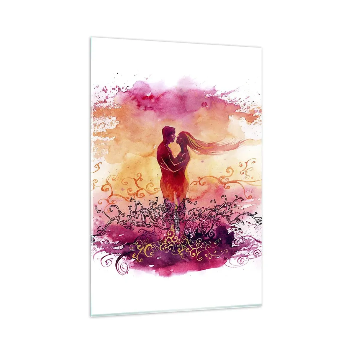 Cuadro sobre vidrio - Impresiones sobre Vidrio - Una pareja abrazándose sobre un patrón abstracto rosa y naranja. - 80x120cm - ¡Un solo corazón! Necesito tan poco para ser feliz… - Decoración de pared moderna para salón y dormitorio ARTTOR