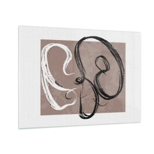 Cuadro sobre vidrio - Impresiones sobre Vidrio - Pinceladas dinámicas en blanco y negro sobre fondo beige. - 70x50cm - Composición: la búsqueda de la plenitud - Decoración de pared moderna para salón y dormitorio ARTTOR