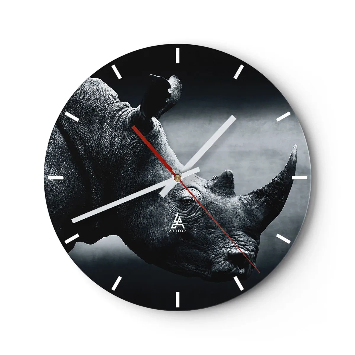 Reloj de pared - Reloj de vidrio - Retrato de un rinoceronte en tonos monocromáticos sobre un fondo oscuro. - 30x30cm - Perfil derecho - Decoración de pared moderna para salón, cocina y dormitorio ARTTOR