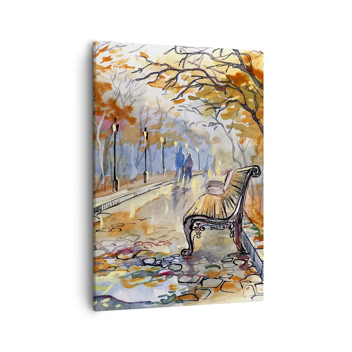 Cuadro sobre lienzo - Impresión de Imagen - Un parque otoñal con un banco en acuarela. - 50x70cm - Caminemos juntos hacia el otoño - Decoración de pared moderna para salón y dormitorio ARTTOR
