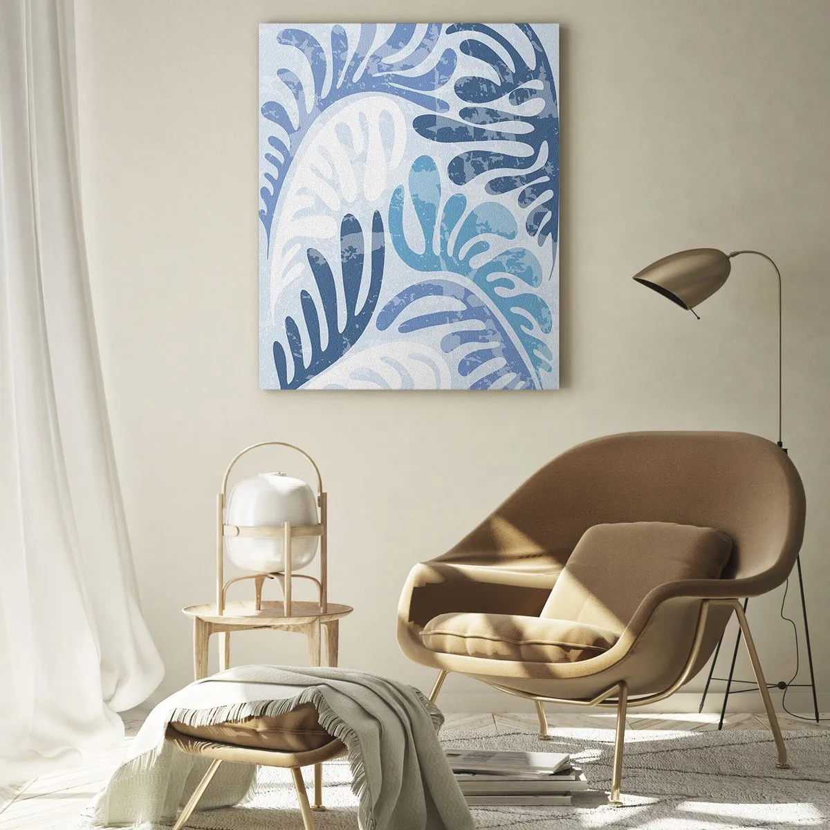 Cuadro sobre vidrio - Impresiones sobre Vidrio - Hojas de helecho decorativas en tonos azules sobre un fondo claro. - 50x70cm - Helechos azules - Decoración de pared moderna para salón y dormitorio ARTTOR