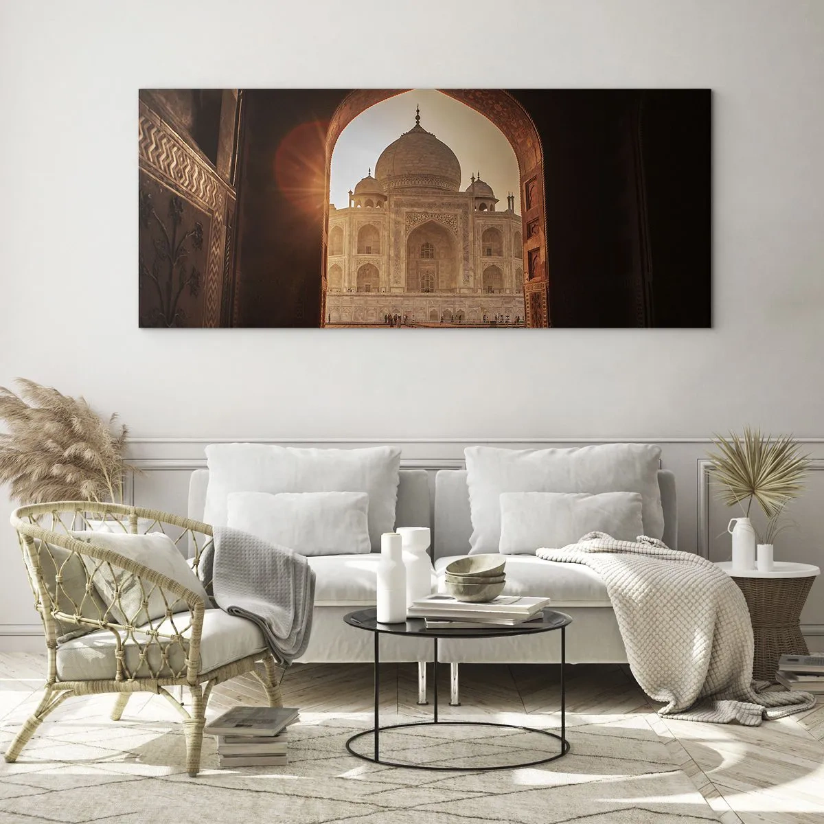 Cuadro sobre vidrio - Impresiones sobre Vidrio - Taj Mahal a la luz del sol visto desde el arco de la puerta - 160x50cm - Un monumento al amor sobrenatural - Decoración de pared moderna para salón y dormitorio ARTTOR