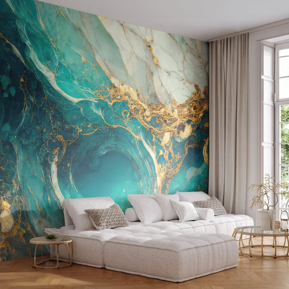 Fotomural Premium Canvas - Una composición abstracta en tonos turquesa y dorado. - 100x70cm - Composición con vetas de oro - Decoración de pared moderna para salón y dormitorio ARTTOR