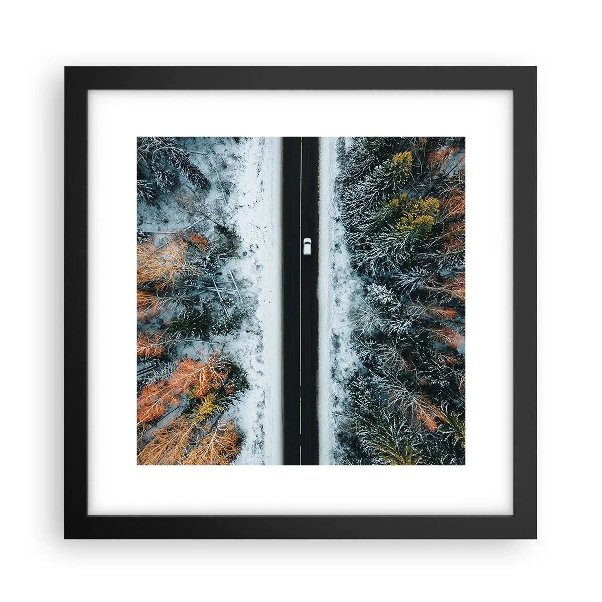 Póster en marco negro - Atravesar el bosque en invierno - 30x30 cm