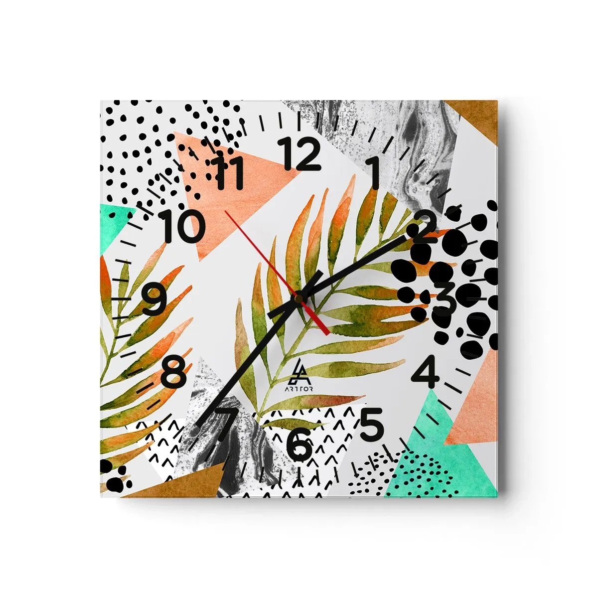 Reloj de pared - Reloj de vidrio - Decoración con hojas de palmera - 30x30 cm