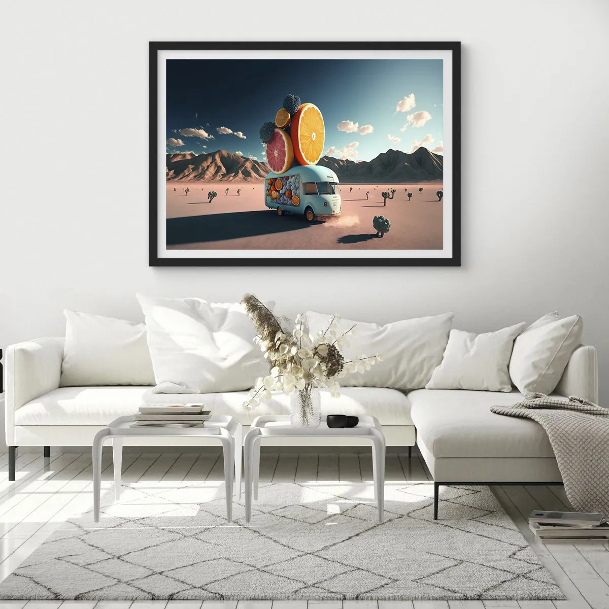 Póster en marco negro - Camión de frutas en un paisaje desértico - 70x50cm - Un sabor a vacaciones - Decoración de pared moderna para salón y dormitorio ARTTOR