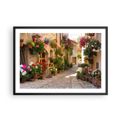 Póster en marco negro - Una calle con flores en macetas y muros de piedra. - 70x50cm - En un torrente de flores - Decoración de pared moderna para salón y dormitorio ARTTOR