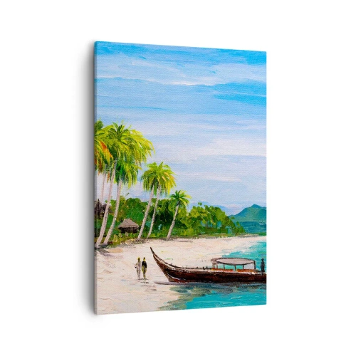 Cuadro sobre lienzo - Impresión de Imagen - Una playa exótica con palmeras y un barco en la orilla. - 50x70cm - Un sueño exótico - Decoración de pared moderna para salón y dormitorio ARTTOR