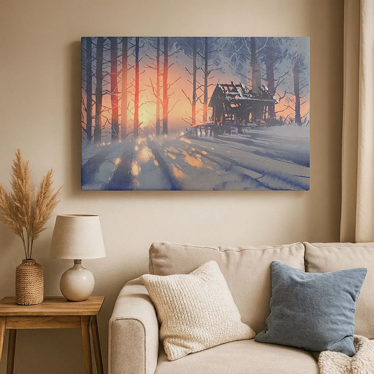 Cuadro sobre lienzo - Impresión de Imagen - Una cabaña forestal en un paisaje invernal con los rayos del sol poniente. - 70x50cm - Solo el sol es testigo - Decoración de pared moderna para salón y dormitorio ARTTOR