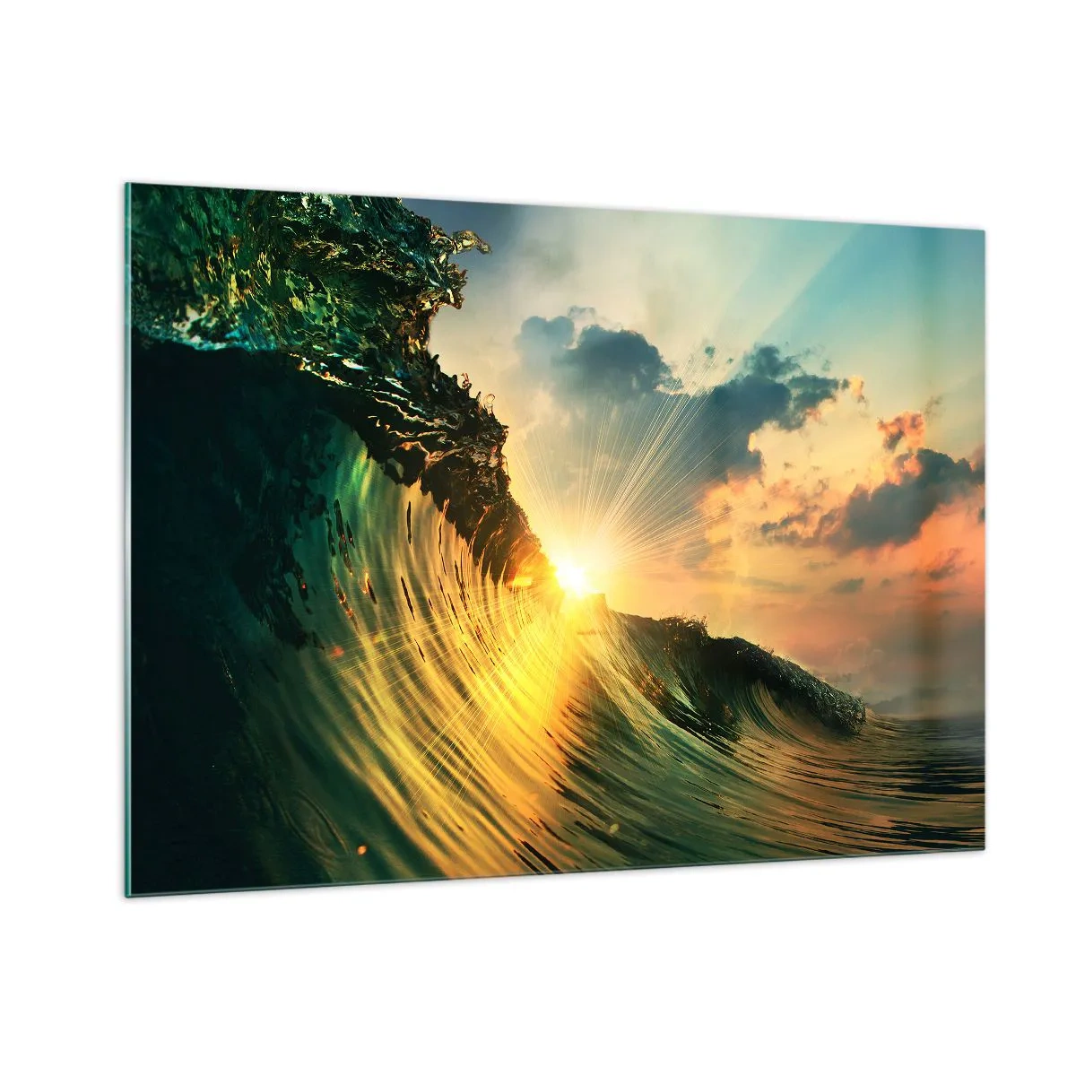 Cuadro sobre vidrio - Impresiones sobre Vidrio - El sol poniente iluminando las olas del océano. - 100x70cm - Surfer, ¿dónde estás? - Decoración de pared moderna para salón y dormitorio ARTTOR