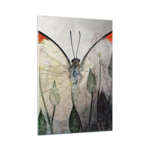 Cuadro sobre vidrio - Impresiones sobre Vidrio - Una mariposa artística rodeada de delicadas flores sobre un fondo gris. - 50x70cm - Donde la mariposa se mece en la hierba - Decoración de pared moderna para salón y dormitorio ARTTOR