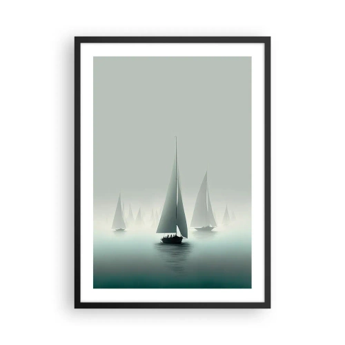 Póster en marco negro - Un grupo de veleros navegando en un mar brumoso, rodeado de aguas tranquilas. - 50x70cm - Día de niebla en alta mar - Decoración de pared moderna para salón y dormitorio ARTTOR
