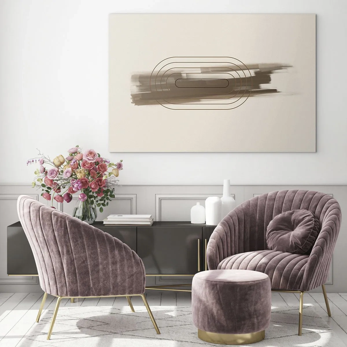 Cuadro sobre vidrio - Impresiones sobre Vidrio - Abstracción en tonos marrones con un patrón minimalista. - 70x50cm - Un soplo de gris - Decoración de pared moderna para salón y dormitorio ARTTOR