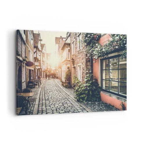 Cuadro sobre lienzo - Impresión de Imagen - Una encantadora calle con pavimento de piedra y flores. - 100x70cm - El callejón de las rosas - Decoración de pared moderna para salón y dormitorio ARTTOR