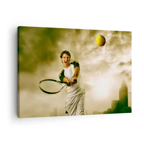 Cuadro sobre lienzo - Impresión de Imagen - Jugador de tenis en acción durante un partido con el telón de fondo de un paisaje urbano. - 70x50cm - Energía y alegría - Decoración de pared moderna para salón y dormitorio ARTTOR