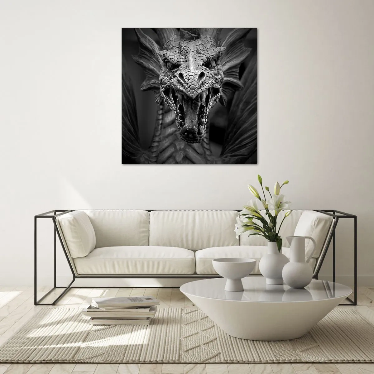 Cuadro sobre vidrio - Impresiones sobre Vidrio - Dragón de cuento de hadas en gris - 70x70 cm