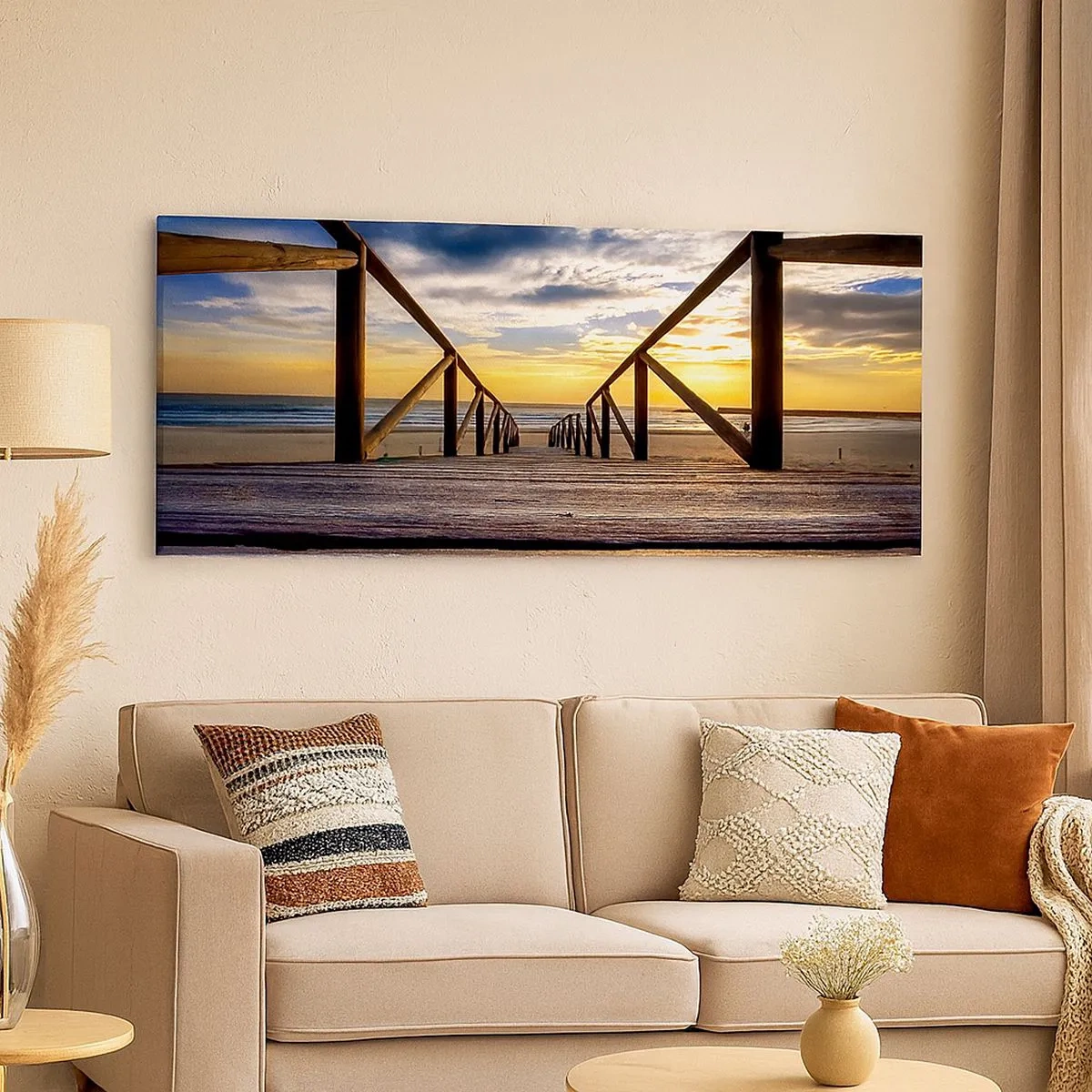 Cuadro sobre lienzo - Impresión de Imagen - Directamente hacia una playa tranquila al atardecer - 100x40 cm