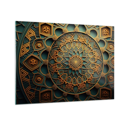 Cuadro sobre vidrio - Impresiones sobre Vidrio - Adorno de oro y turquesa al estilo de un mosaico árabe. - 70x50cm - En un clima árabe - Decoración de pared moderna para salón y dormitorio ARTTOR