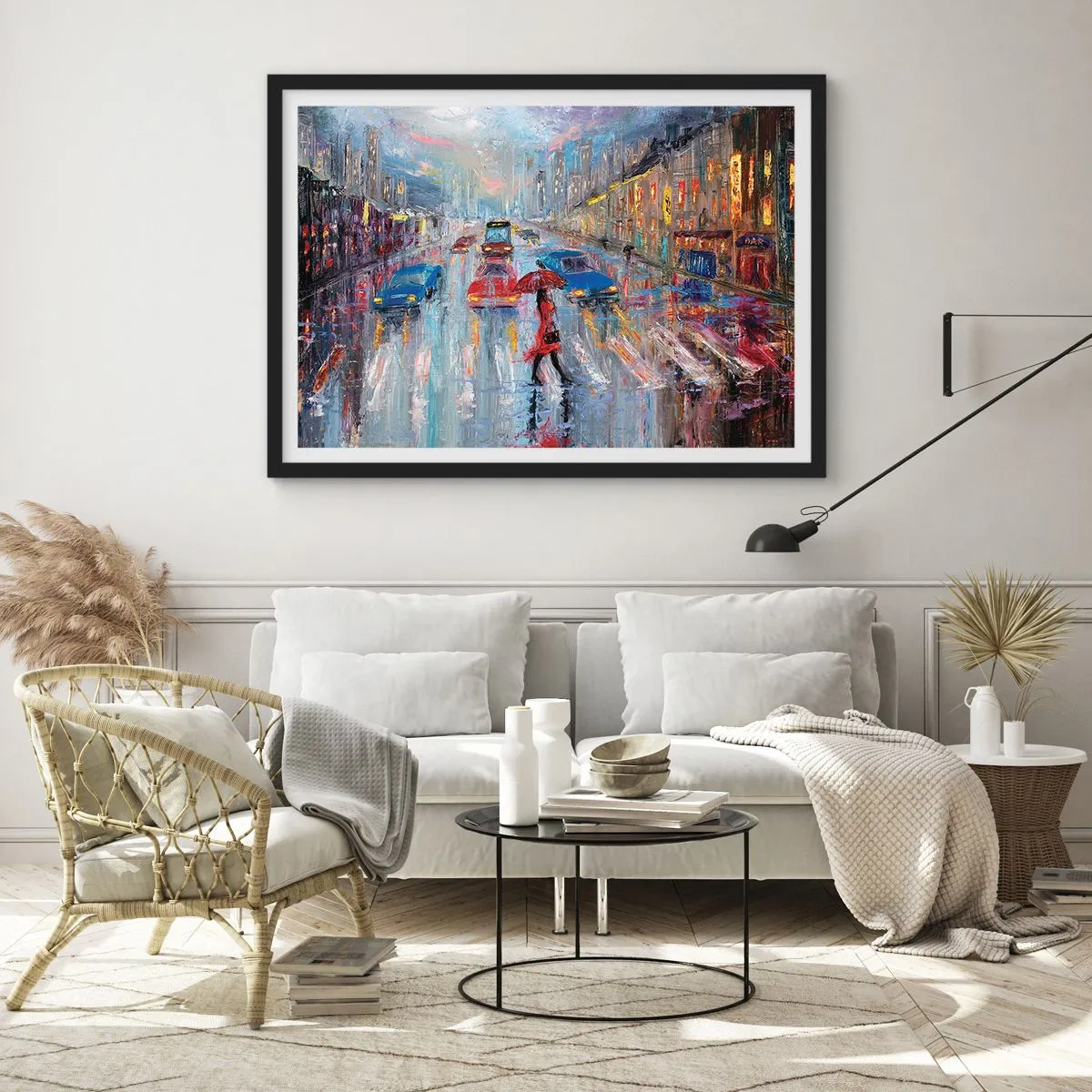Póster en marco negro - Una tarde de lluvia en la ciudad - 91x61 cm