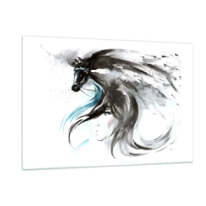 Cuadro sobre vidrio - Impresiones sobre Vidrio - Retrato de una mujer y un caballo en una composición artística y dinámica. - 120x80cm - El galope del Príncipe Negro - Decoración de pared moderna para salón y dormitorio ARTTOR