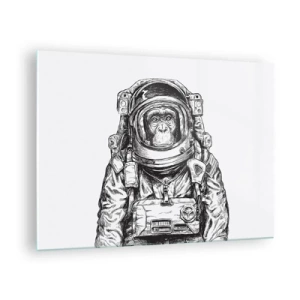 Cuadro sobre vidrio - Impresiones sobre Vidrio - Boceto de un mono con traje de astronauta sobre un fondo blanco. - 70x50cm - Evolución alternativa - Decoración de pared moderna para salón y dormitorio ARTTOR