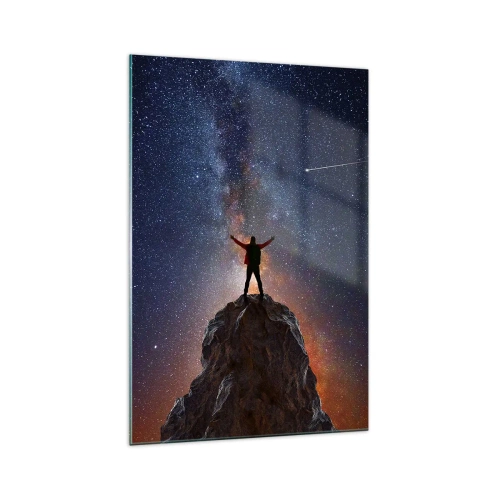 Cuadro sobre vidrio - Impresiones sobre Vidrio - Una figura en la cima de una montaña bajo un cielo estrellado. - 70x100cm - ¡El poder está conmigo! - Decoración de pared moderna para salón y dormitorio ARTTOR