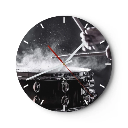 Reloj de pared - Reloj de vidrio - Tambores en acción, con polvo volando al golpear - 30x30cm - El pulso de la música - Decoración de pared moderna para salón, cocina y dormitorio ARTTOR
