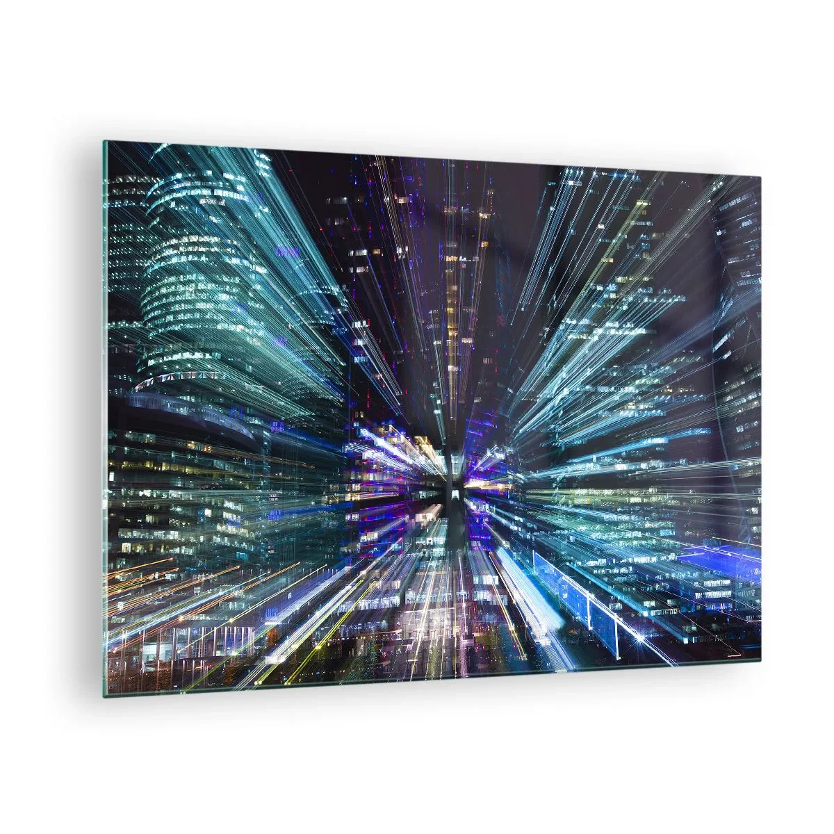 Cuadro sobre vidrio - Impresiones sobre Vidrio - Líneas de luz dinámicas con el telón de fondo de una ciudad nocturna. - 70x50cm - Cruzando el hiperespacio - Decoración de pared moderna para salón y dormitorio ARTTOR