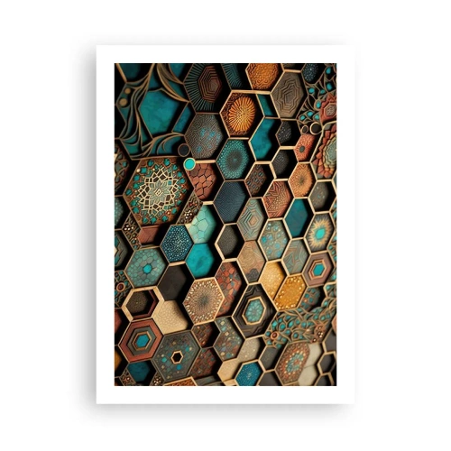 Póster - Una composición geométrica de hexágonos en una paleta de oro y turquesa. - 50x70cm - Ornamentos árabes - Decoración de pared moderna para salón y dormitorio ARTTOR