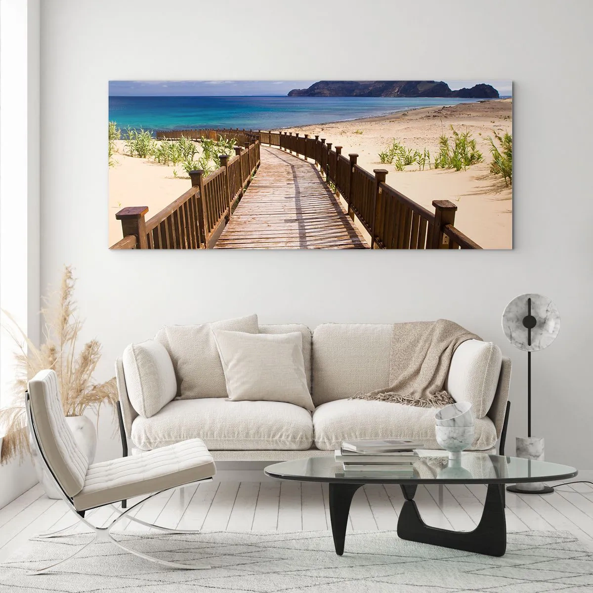 Cuadro sobre vidrio - Impresiones sobre Vidrio - Camino de madera que conduce a la playa con vistas al mar. - 160x50cm - Llévame a la isla de la felicidad - Decoración de pared moderna para salón y dormitorio ARTTOR