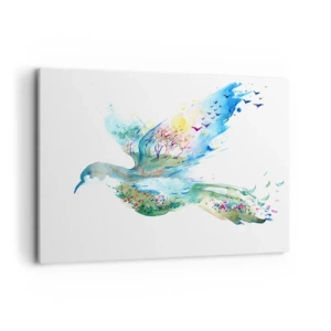 Cuadro sobre lienzo - Impresión de Imagen - Composición en acuarela de un pájaro con elementos de la naturaleza. - 120x80cm - En las alas de la naturaleza - Decoración de pared moderna para salón y dormitorio ARTTOR