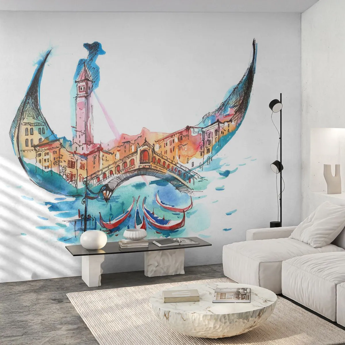 Fotomural Premium Canvas - Una composición de acuarela de Venecia en forma de góndola. - 100x70cm - Navegamos por la ciudad - Decoración de pared moderna para salón y dormitorio ARTTOR