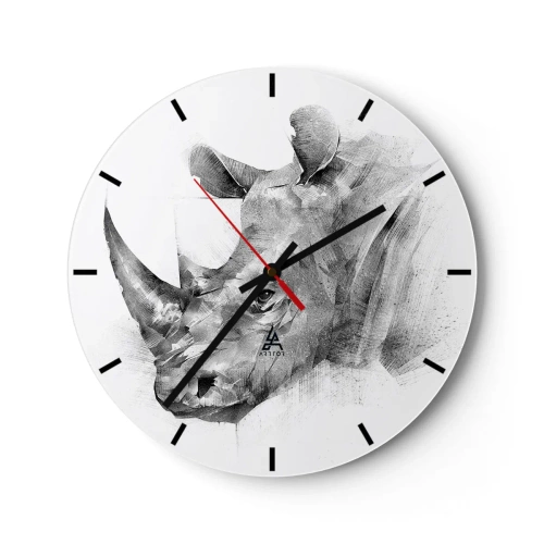 Reloj de pared - Reloj de vidrio - Retrato estilo boceto de un rinoceronte - 30x30cm - Retrato africano - Decoración de pared moderna para salón, cocina y dormitorio ARTTOR