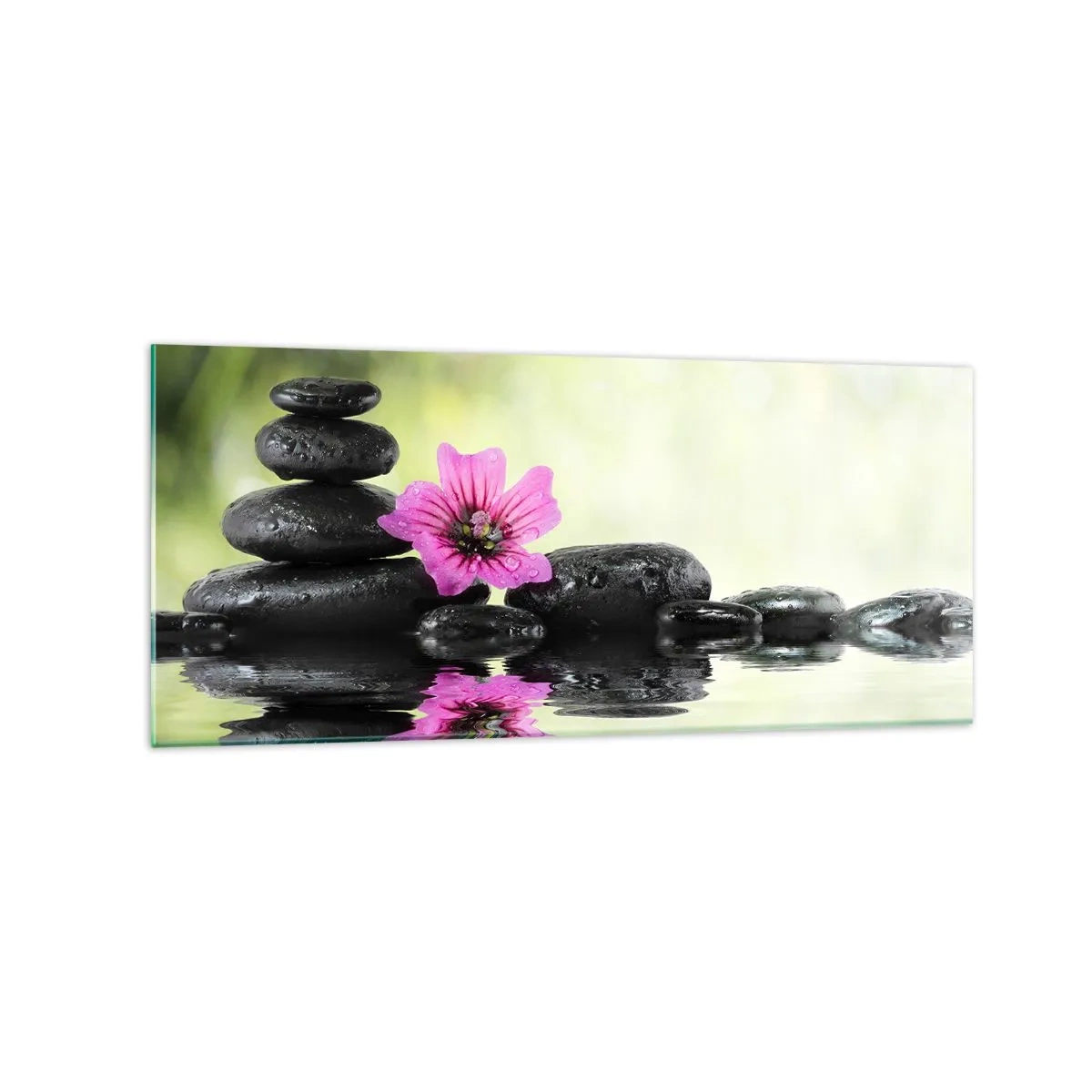 Cuadro sobre vidrio - Impresiones sobre Vidrio - Piedras zen y una flor rosa reflejada en el agua. - 120x50cm - Tiempo para el alma - Decoración de pared moderna para salón y dormitorio ARTTOR