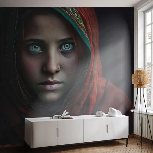 Fotomural Premium Sand - Retrato de una niña con un chal rojo y una mirada hipnótica. - 100x70cm - Princesa del Este - Decoración de pared moderna para salón y dormitorio ARTTOR