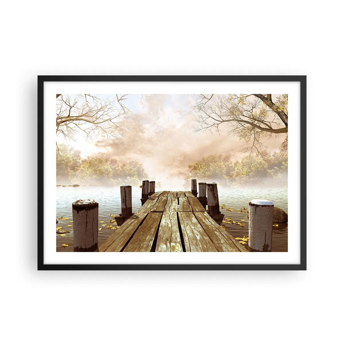 Póster en marco negro - Un muelle de madera que conduce a un lago tranquilo en la niebla de la mañana. - 70x50cm - La leve tristeza del otoño - Decoración de pared moderna para salón y dormitorio ARTTOR