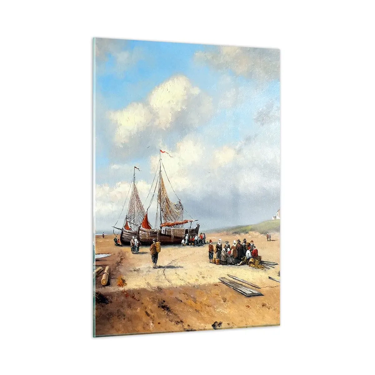 Cuadro sobre vidrio - Impresiones sobre Vidrio - Escena de playa con barcos de pesca y gente pescando. - 50x70cm - Después de una pesca exitosa - Decoración de pared moderna para salón y dormitorio ARTTOR