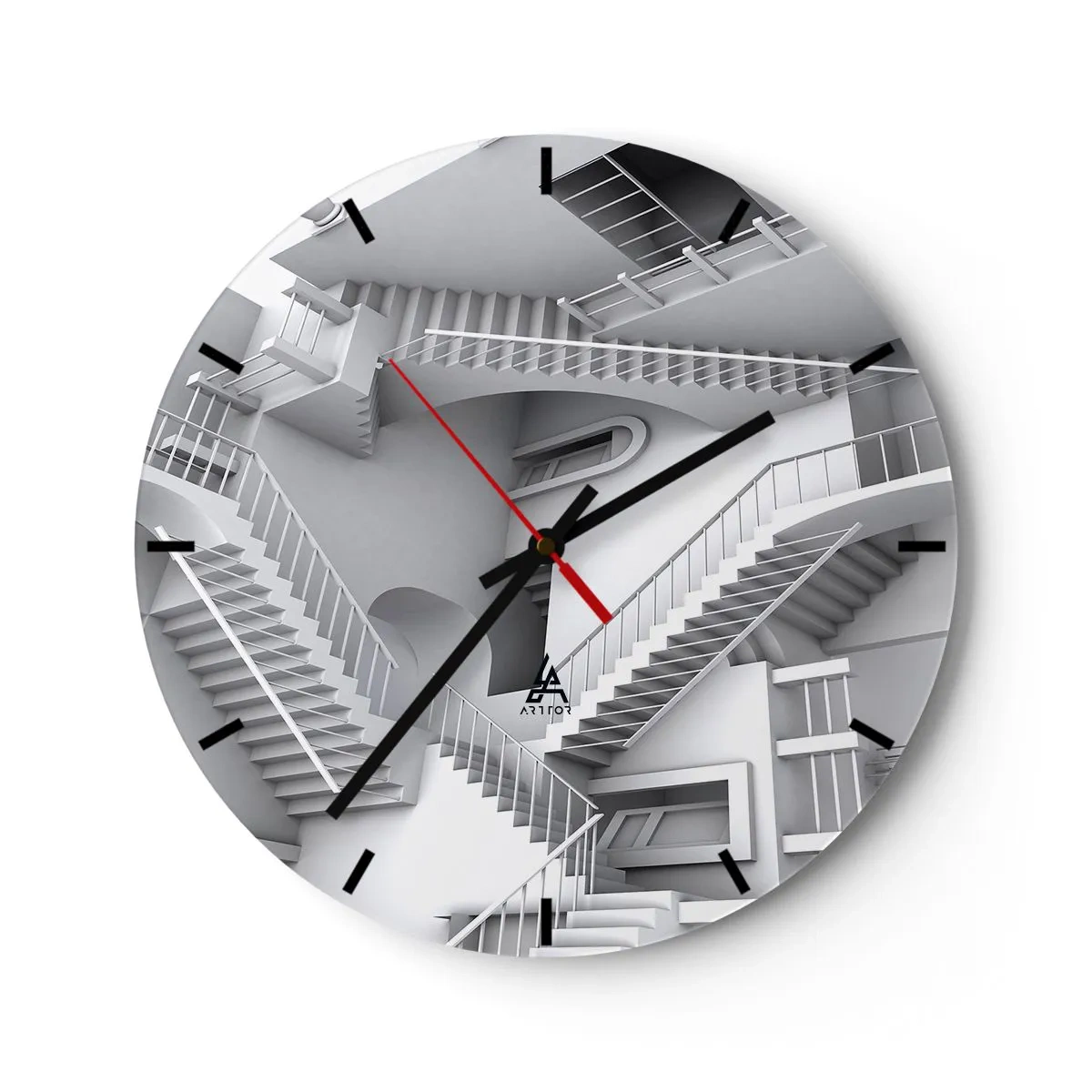 Reloj de pared - Reloj de vidrio - Laberinto abstracto de escaleras en tonos monocromáticos - 30x30cm - Paradojas del espacio - Decoración de pared moderna para salón, cocina y dormitorio ARTTOR