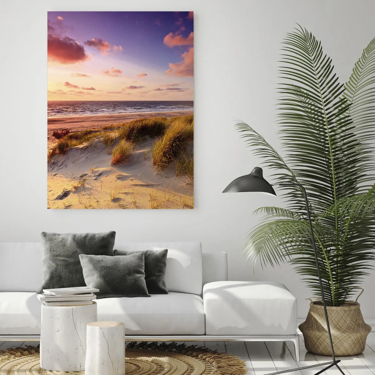 Cuadro sobre vidrio - Impresiones sobre Vidrio - Una playa cubierta de hierba y una puesta de sol sobre un mar en calma. - 70x100cm - Se siente la brisa veraniega - Decoración de pared moderna para salón y dormitorio ARTTOR