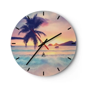 Reloj de pared - Reloj de vidrio - Playa tropical con palmeras al atardecer - 30x30cm - Atardecer en la bahía - Decoración de pared moderna para salón, cocina y dormitorio ARTTOR