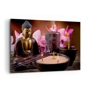 Cuadro sobre lienzo - Impresión de Imagen - Figura de Buda con velas encendidas y varillas de incienso. - 120x80cm - Despejar la mente, calmar el cuerpo - Decoración de pared moderna para salón y dormitorio ARTTOR