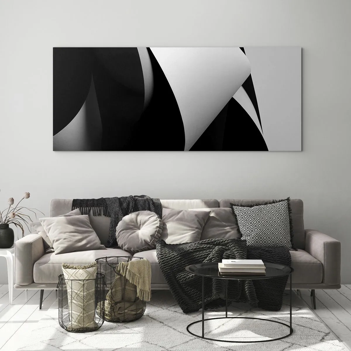 Cuadro sobre vidrio - Impresiones sobre Vidrio - Formas abstractas en blanco y negro con contrastes llamativos. - 120x50cm - Planos de luz desde las profundidades de la sombra - Decoración de pared moderna para salón y dormitorio ARTTOR