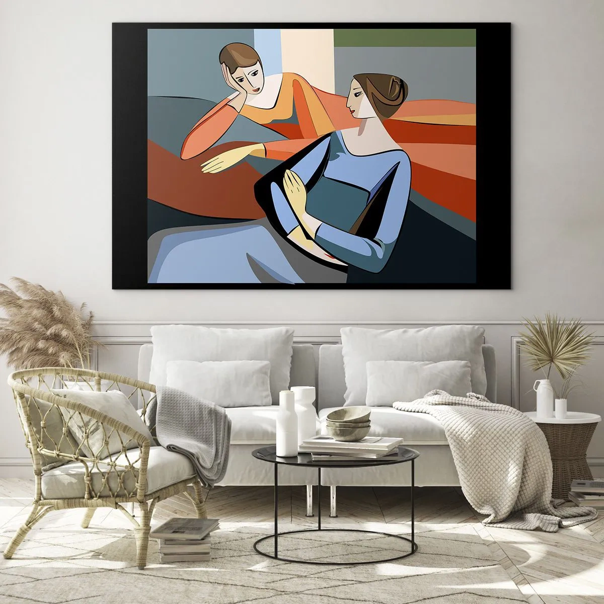 Cuadro sobre vidrio - Impresiones sobre Vidrio - Una escena geométrica de una conversación entre dos mujeres con el telón de fondo de un interior. - 100x70cm - Un momento de confidencias - Decoración de pared moderna para salón y dormitorio ARTTOR