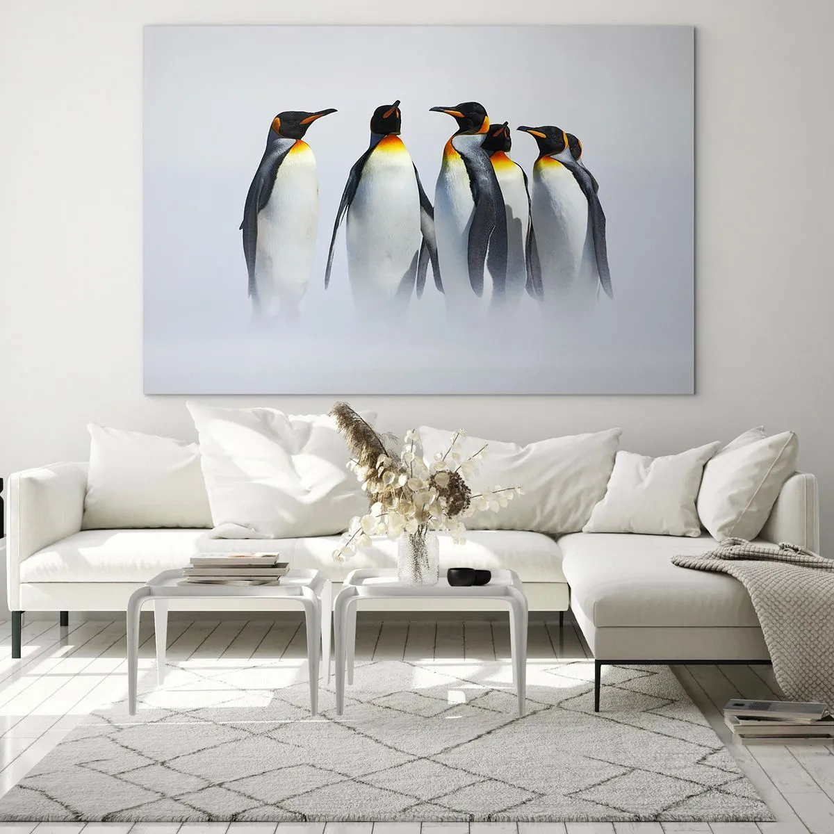 Cuadro sobre vidrio - Impresiones sobre Vidrio - Un grupo de pingüinos en un paisaje invernal. - 70x50cm - Reunión en traje de noche - Decoración de pared moderna para salón y dormitorio ARTTOR