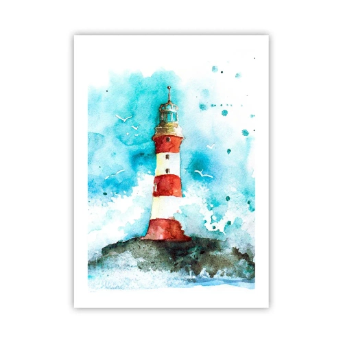Póster - Faro estilo acuarela con olas del mar - 50x70cm - La unidad de los elementos - Decoración de pared moderna para salón y dormitorio ARTTOR