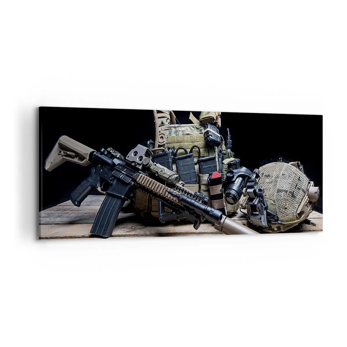 Cuadro sobre lienzo - Impresión de Imagen - Equipo táctico con un rifle sobre una mesa de madera. - 120x50cm - ¡Descansen! - Decoración de pared moderna para salón y dormitorio ARTTOR