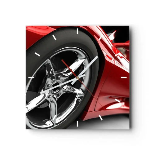 Reloj de pared - Reloj de vidrio - Coche deportivo rojo con ruedas cromadas - 30x30cm - Creado para la velocidad - Decoración de pared moderna para salón y dormitorio ARTTOR